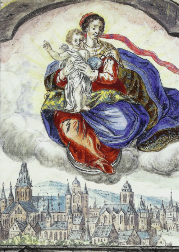 Marija z Jezusom kot zaščitnica univerze v Mainzu iz leta 1664, spominska podobica ob zaključku službe ordinarija kardinala Lehmanna