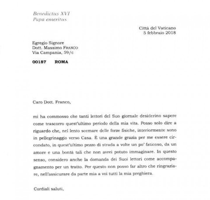 Pismo Benedikta XVI., ki ga je poslal novinarju dnevnika Corriere della Sera
