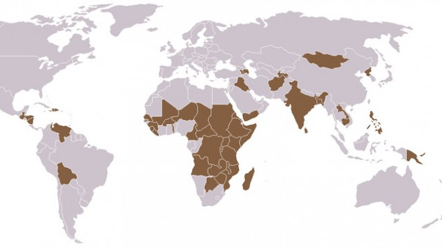 Zemljevid sveta, na katerem so posebej označene dežele, v katerih ljudje trpijo zaradi lakote; foto: splet (foto: nn)