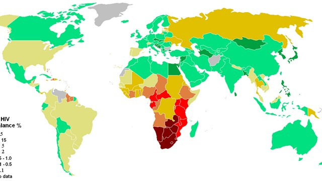 Razširjenost virusa HIV in aidsa med mlajšimi odraslimi (15-49) po podatkih iz l. 2008, temnordeče obarvane države so najbolj ogrožene, temnozelene najmanj; UNAIDS (foto: Wikipedia)