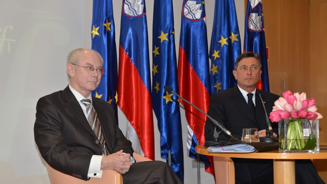 Predsednik Evropskega sveta Herman Van Rompuy in predsednik države Borut Pahor na pravni fakulteti (foto: Urška Hrast)