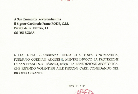 Papež Leon XIV. in kardinal Parolin voščila kardinalu Rodetu ob godu