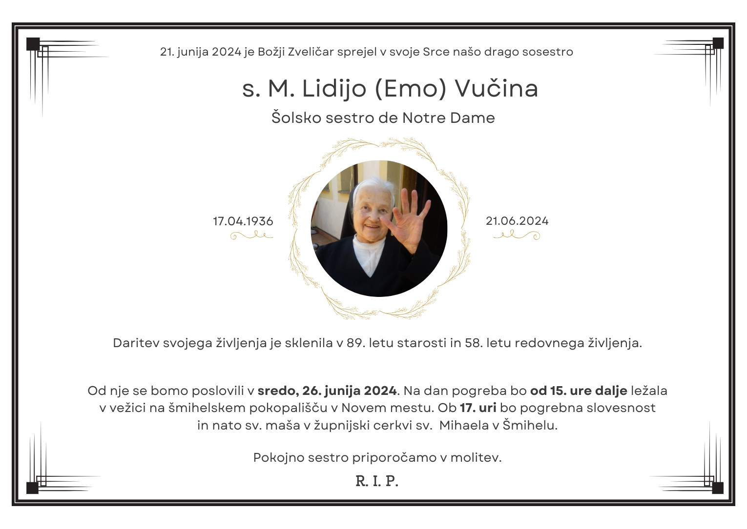Osmrtnica za s. Lidijo