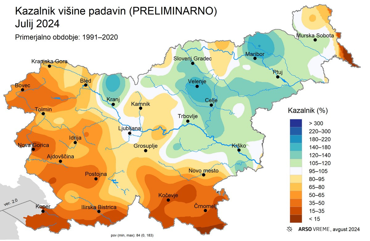 Padavine v juliju 2024