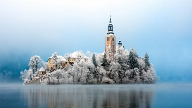 Cerkev Marije Kraljice na Blejskem otoku pozimi foto: Borut Slabe