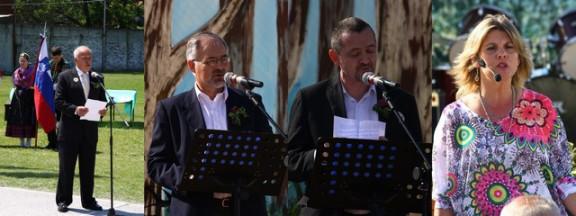 Predsednik Hladnikovega doma Vinko Glinšek, predsednik Zedinjene Slovenije Franci Žnidar, veleposlanik Tomaž Mencin in recitatorka Mirjam Goljevšček