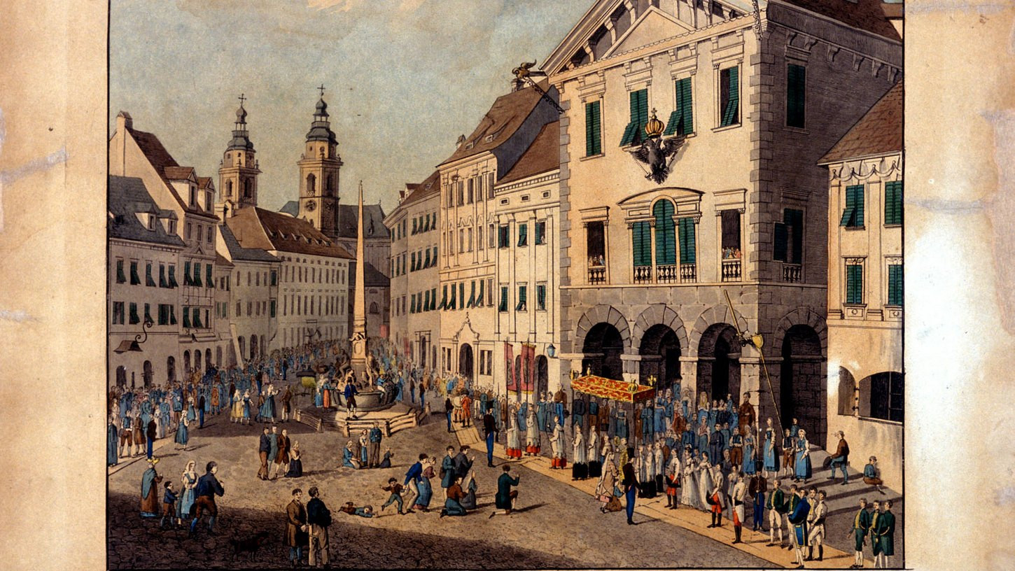 Velikonočna procesija na Mestnem trgu pred ljubljanskim magistratom leta 1821. Mestni muzej Ljubljana