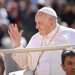 Papež pred avdienco pozdravlja romarje (photo: Vatican media)