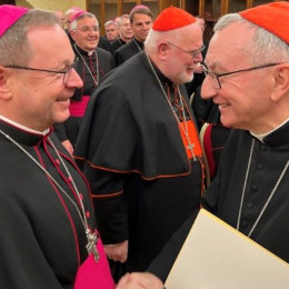 Kardinal Pietro Parolin in Georg Bätzing med ad limnina nemških škofov v Rimu 18. novembra 2022. (photo: Nemška škofovska konferenca)