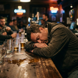 Ko smeh utihne in okolica izgubi toleranco do opitega človeka, posameznik ostane sam – prepuščen praznim kozarcem in uničenemu zdravju. (photo: Gemini AI)