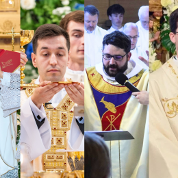 Novomašniki Timi Fijavž Vivod, Gregor Anton Capuder, p. Janez Gorenc in Luka Anžič (photo: Foto Nareks, Rok Mihevc, župnija Dravlje, Tatjana Splichal)