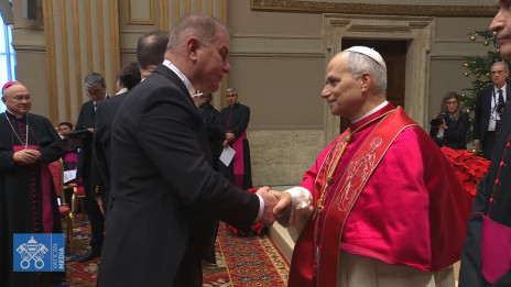 Slovenski veleposlanik Franci But pozdravlja papeža (photo: posnetek zaslona)