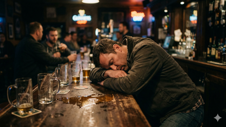 Ko smeh utihne in okolica izgubi toleranco do opitega človeka, posameznik ostane sam – prepuščen praznim kozarcem in uničenemu zdravju. (photo: Gemini AI)