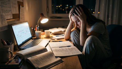 Žrtvovanje spanca za dodatno uro nad knjigami ne prinaša boljših ocen, temveč izčrpanost in padec koncentracije. Možgani si snov zapomnijo in obdelajo le v fazi počitka. (photo: Gemini (UI))