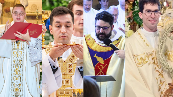 Novomašniki Timi Fijavž Vivod, Gregor Anton Capuder, p. Janez Gorenc in Luka Anžič (photo: Foto Nareks, Rok Mihevc, župnija Dravlje, Tatjana Splichal)