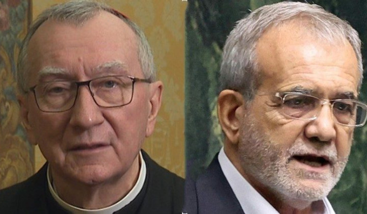 Kardinal Pietro Parolin in iranski predsednik Masud Pezeškjan (foto: Vatican Media)