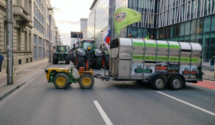 Edini slovenski traktor na protestih v Bruslju: Bremena postajajo neznosna... (foto: Združenje Kmečka iniciativa)