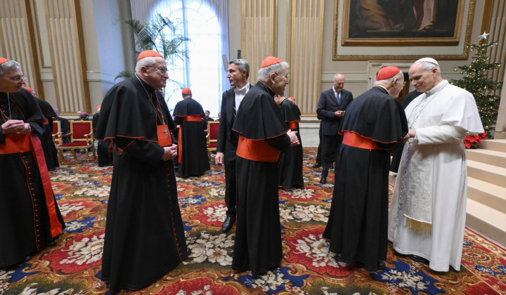 Papež Leon XIV. je po nagovoru voščil blagoslovljene božične praznike vsakemu od sodelavcev (foto: Vatican media)