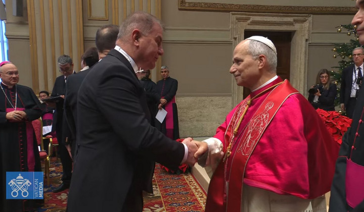 Slovenski veleposlanik Franci But pozdravlja papeža (foto: posnetek zaslona)