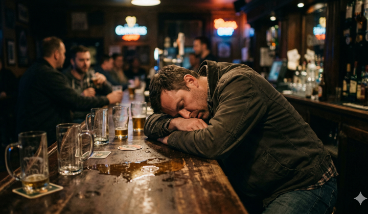 Ko smeh utihne in okolica izgubi toleranco do opitega človeka, posameznik ostane sam – prepuščen praznim kozarcem in uničenemu zdravju. (foto: Gemini AI)