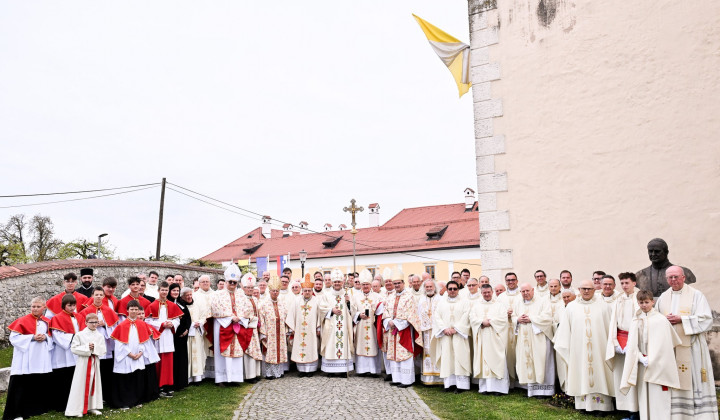 Skupinska fotografija po slovesni zahvalni maši ob ustanovitvi novomeške škofije (foto: Vir: Škofija Novo mesto)