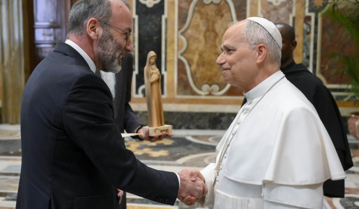 Predsednik poslanske skupine Evropske ljudske stranke Manfred Weber in papež Leon XIV. (foto: Vatican Media)