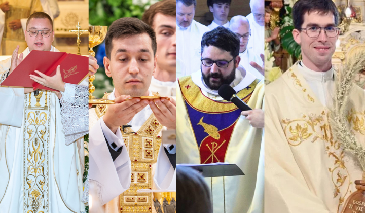 Novomašniki Timi Fijavž Vivod, Gregor Anton Capuder, p. Janez Gorenc in Luka Anžič (foto: Foto Nareks, Rok Mihevc, župnija Dravlje, Tatjana Splichal)